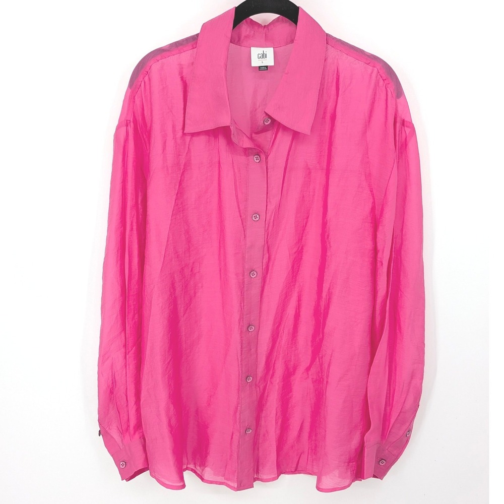 Cabi Button Down Shirt Women Large Pink Sheer‎ Lyocell Blend Long Sleeve Resort